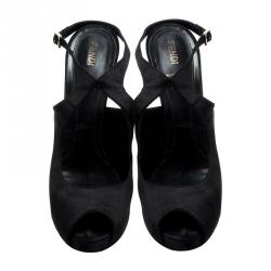 Pre Owned Fendi Black Suede Slingback Peep Toe Platform Sandals Size 39