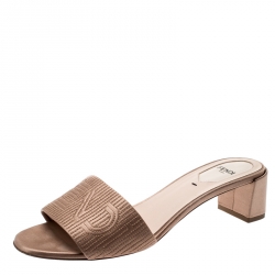 Fendi Beige Satin Logo Embroidered Block Heel Slides Size 39