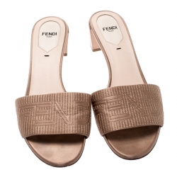 Fendi Beige Satin Logo Embroidered Block Heel Slides Size 39
