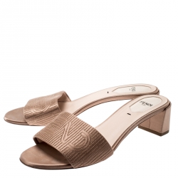 Fendi Beige Satin Logo Embroidered Block Heel Slides Size 39