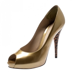 Pre Owned Fendi Gold Patent Leather Zucchino Heel Peep Toe Platform Pumps Size 40
