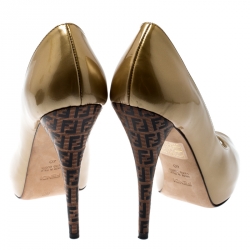 Pre Owned Fendi Gold Patent Leather Zucchino Heel Peep Toe Platform Pumps Size 40