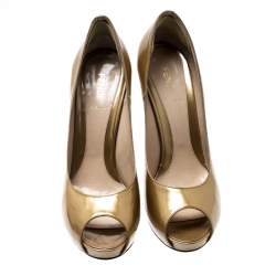 Pre Owned Fendi Gold Patent Leather Zucchino Heel Peep Toe Platform Pumps Size 40
