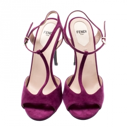 Pre Owned Fendi Purple Suede Encaged Heel T-strap Sandals Size 37