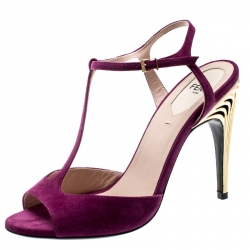 Pre Owned Fendi Purple Suede Encaged Heel T-strap Sandals Size 37
