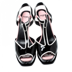 Pre Owned Fendi Tricolor Patent Leather T Strap Peep Toe Platform Sandals Size 38