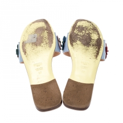 Pre Owned Fendi Blue Patent Leather Flowerland Embellished Flat Slides Size 37