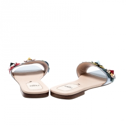 Pre Owned Fendi Blue Patent Leather Flowerland Embellished Flat Slides Size 37