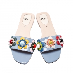 Pre Owned Fendi Blue Patent Leather Flowerland Embellished Flat Slides Size 37
