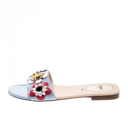 Pre Owned Fendi Blue Patent Leather Flowerland Embellished Flat Slides Size 37