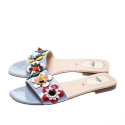 Pre Owned Fendi Blue Patent Leather Flowerland Embellished Flat Slides Size 37
