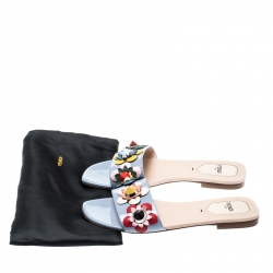 Pre Owned Fendi Blue Patent Leather Flowerland Embellished Flat Slides Size 37