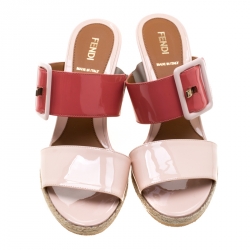 Fendi Coral/Pink Patent Leather Buckle Strap Wedge Sandals Size 38