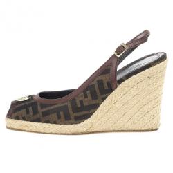 Pre Owned Fendi Tobacco Zucca Peep Toe Slingback Espadrilles Wedges Size 39