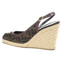 Pre Owned Fendi Tobacco Zucca Peep Toe Slingback Espadrilles Wedges Size 39