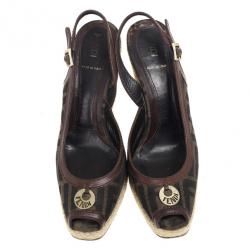 Pre Owned Fendi Tobacco Zucca Peep Toe Slingback Espadrilles Wedges Size 39