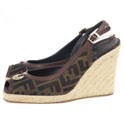 Pre Owned Fendi Tobacco Zucca Peep Toe Slingback Espadrilles Wedges Size 39