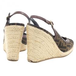 Pre Owned Fendi Tobacco Zucca Peep Toe Slingback Espadrilles Wedges Size 39