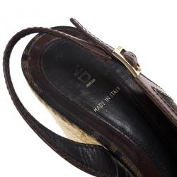 Pre Owned Fendi Tobacco Zucca Peep Toe Slingback Espadrilles Wedges Size 39