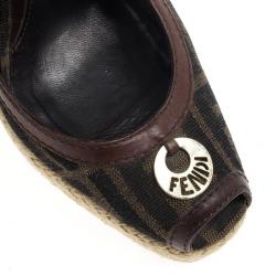 Pre Owned Fendi Tobacco Zucca Peep Toe Slingback Espadrilles Wedges Size 39