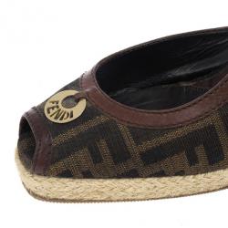 Pre Owned Fendi Tobacco Zucca Peep Toe Slingback Espadrilles Wedges Size 39
