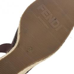 Pre Owned Fendi Tobacco Zucca Peep Toe Slingback Espadrilles Wedges Size 39