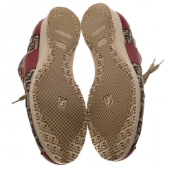 Pre Owned Fendi Zucca Beige Canvas And Red Leather Lace Up Sneakers Size 38.5