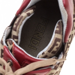 Pre Owned Fendi Zucca Beige Canvas And Red Leather Lace Up Sneakers Size 38.5