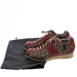 Pre Owned Fendi Zucca Beige Canvas And Red Leather Lace Up Sneakers Size 38.5