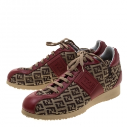 Pre Owned Fendi Zucca Beige Canvas And Red Leather Lace Up Sneakers Size 38.5