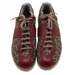 Pre Owned Fendi Zucca Beige Canvas And Red Leather Lace Up Sneakers Size 38.5