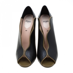 Pre Owned Fendi Black Leather Scallop Trim Open Toe Pumps Size 37.5