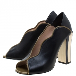 Pre Owned Fendi Black Leather Scallop Trim Open Toe Pumps Size 37.5