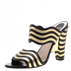 Pre Owned Fendi Metallic Gold/Black Leather Hypnosis Sandals Size 38