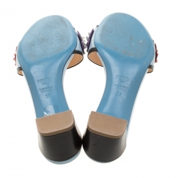 Pre Owned Fendi Powder Blue/Black Leather Flowerland Embellished Block Heel Slides Size 38