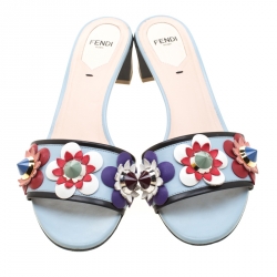 Pre Owned Fendi Powder Blue/Black Leather Flowerland Embellished Block Heel Slides Size 38