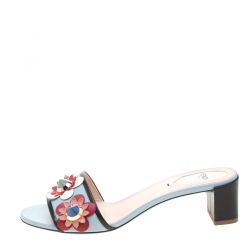 Pre Owned Fendi Powder Blue/Black Leather Flowerland Embellished Block Heel Slides Size 38