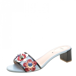 Pre Owned Fendi Powder Blue/Black Leather Flowerland Embellished Block Heel Slides Size 38