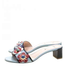 Pre Owned Fendi Powder Blue/Black Leather Flowerland Embellished Block Heel Slides Size 38