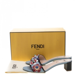 Pre Owned Fendi Powder Blue/Black Leather Flowerland Embellished Block Heel Slides Size 38