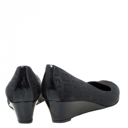 Pre Owned Fendi Black Canvas Wedge Heel Cap Toe Pumps Size 39.5
