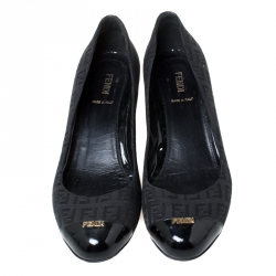 Pre Owned Fendi Black Canvas Wedge Heel Cap Toe Pumps Size 39.5