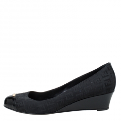 Pre Owned Fendi Black Canvas Wedge Heel Cap Toe Pumps Size 39.5