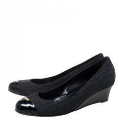 Pre Owned Fendi Black Canvas Wedge Heel Cap Toe Pumps Size 39.5