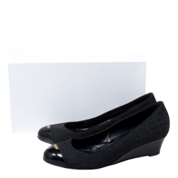 Pre Owned Fendi Black Canvas Wedge Heel Cap Toe Pumps Size 39.5