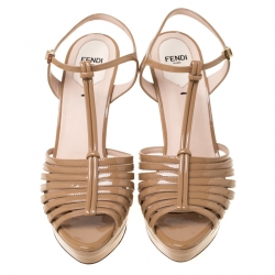 Fendi Beige Patent Leather T Bar Platform Sandals Size 38