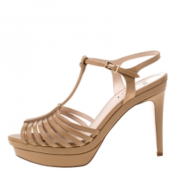 Fendi Beige Patent Leather T Bar Platform Sandals Size 38