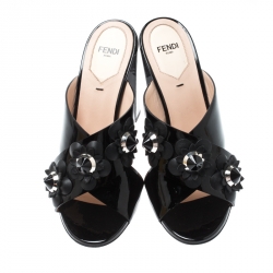 Pre Owned Fendi Black Patent Leather Floral Embellished Cross Strap Sandals Size 38