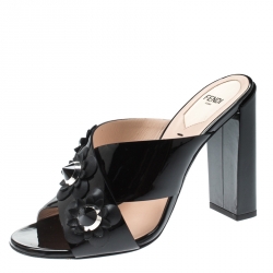 Pre Owned Fendi Black Patent Leather Floral Embellished Cross Strap Sandals Size 38