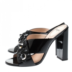 Pre Owned Fendi Black Patent Leather Floral Embellished Cross Strap Sandals Size 38